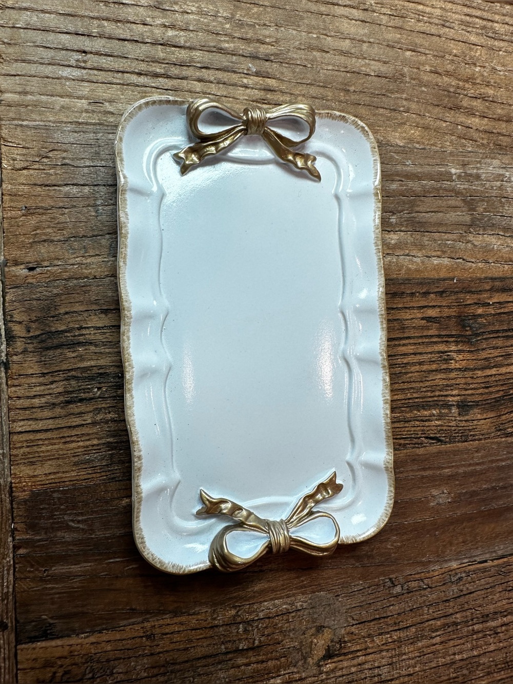 White Ceramic Trinket Tray with Gold Bow Accents